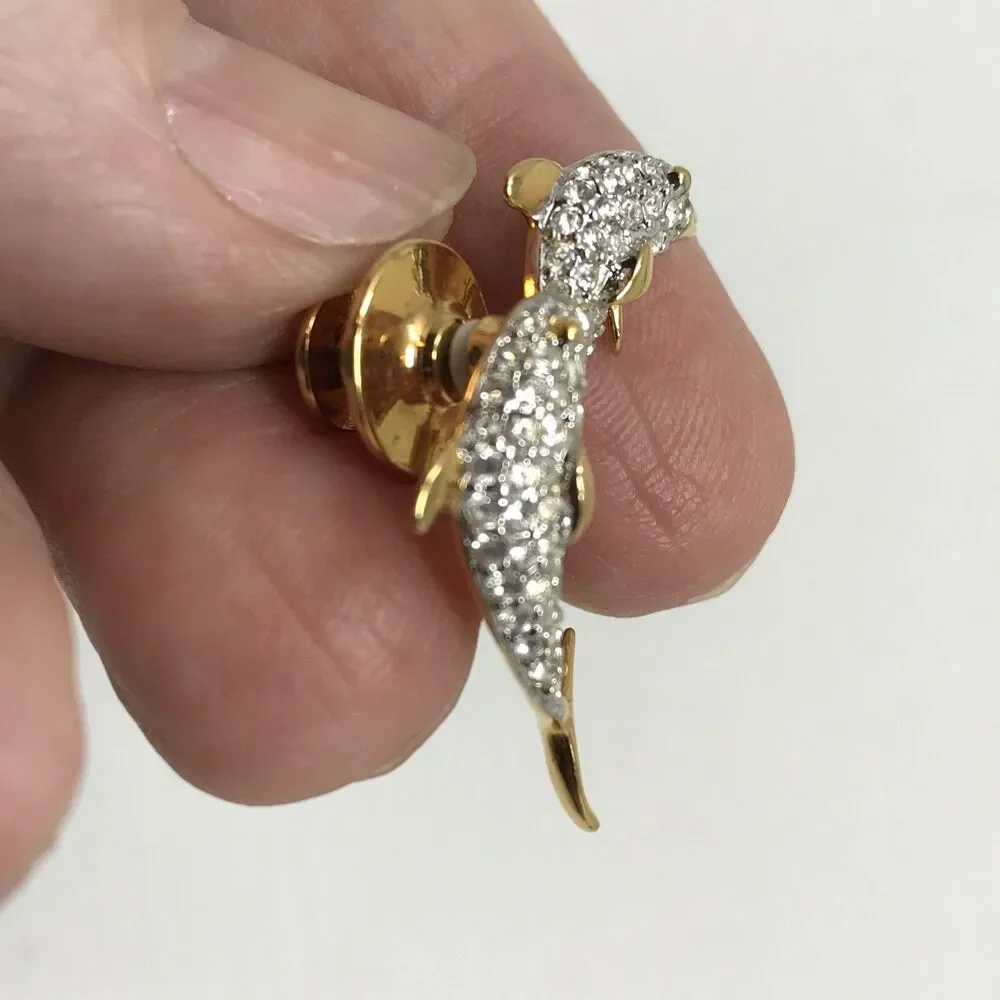 Swan Signed SWAROVSKI DOLPHIN Couple Pair Lapel Tack PIN BROOCH 1.25